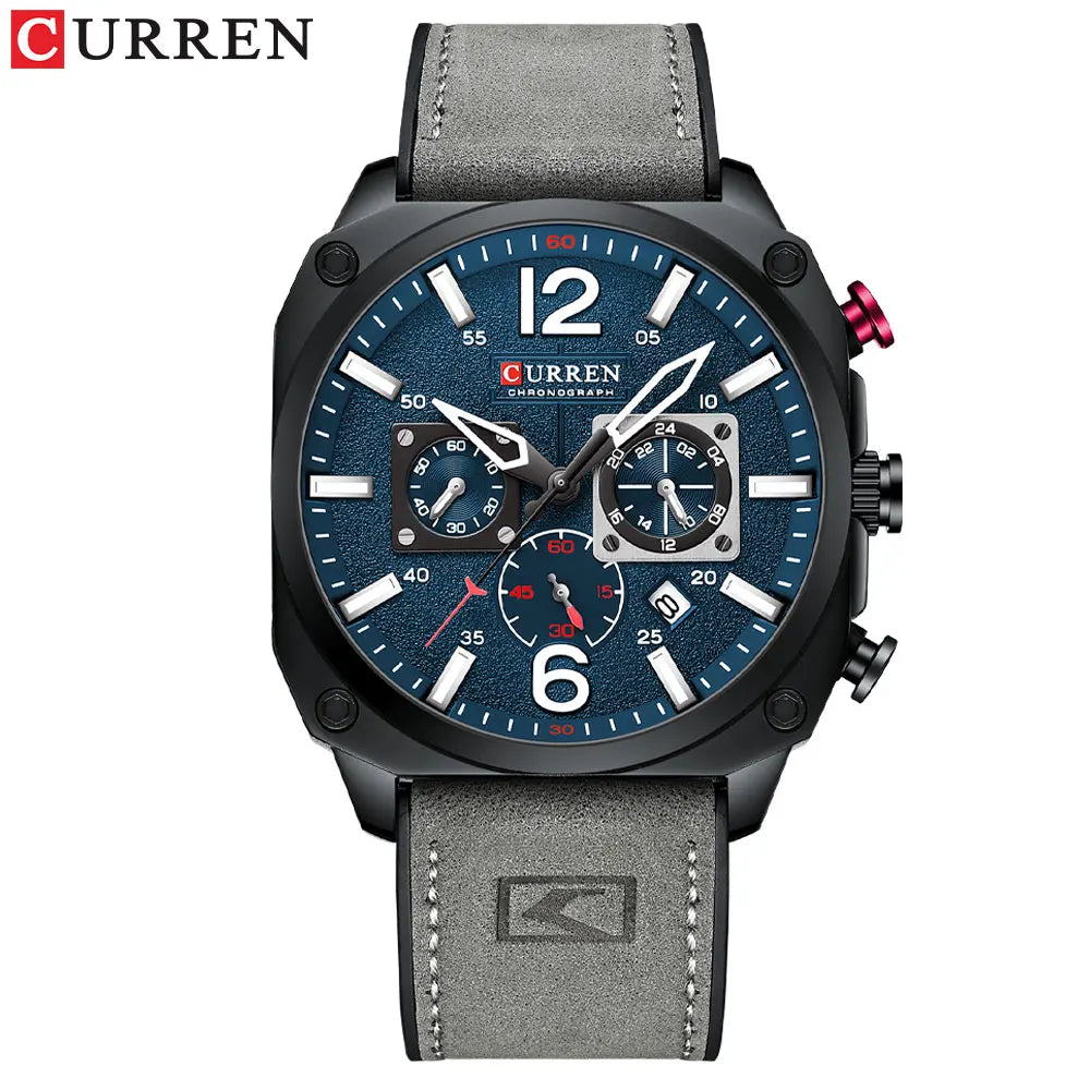 CURREN 8398 Square 45mm Dial Design Men Watches Leather Chronograph Casual Sports Watch Waterproof Luminous Man Calendar Clock
