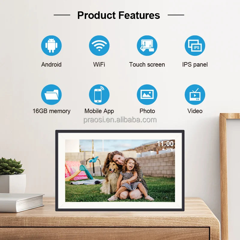 Pros WiFi Digital Photo Frame 15.6" HD IPS Touch Screen IPS Screen Auto-Rotate Photos Video Via Frameo Electronic Picture Frames