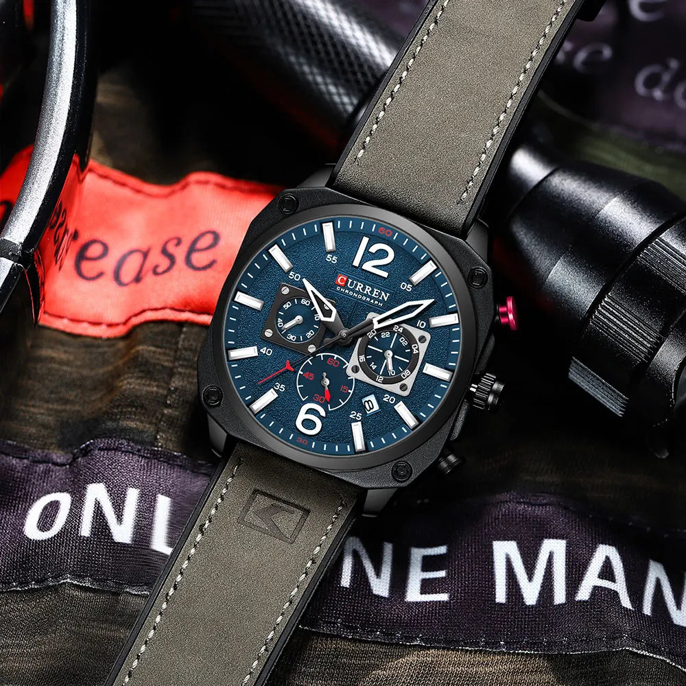 CURREN 8398 Square 45mm Dial Design Men Watches Leather Chronograph Casual Sports Watch Waterproof Luminous Man Calendar Clock