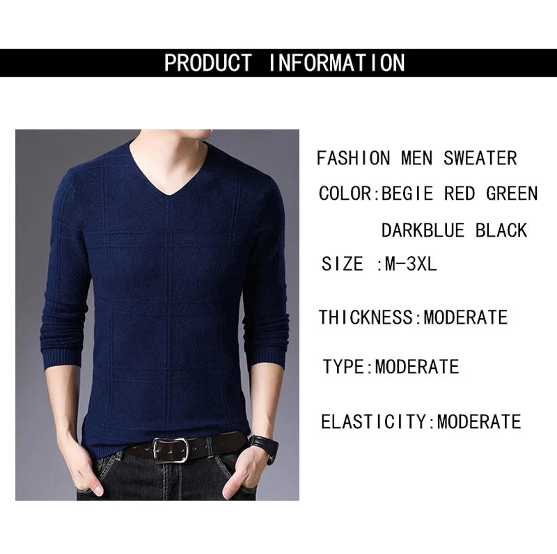 BROWON 2025 New Mens Clothes Spring Autumn Solid Color Casual V-Neck Sweaters Korean Fashion Slim Fit Long-Sleeved Sweater Men