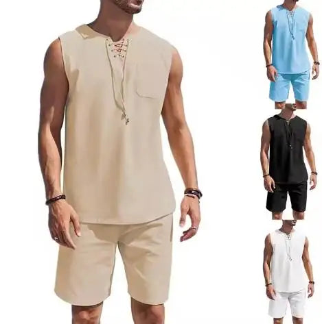 2023 Men's Summer Cotton and Linen Vest Suit New Casual Sports T-Shirt with Solid Pattern