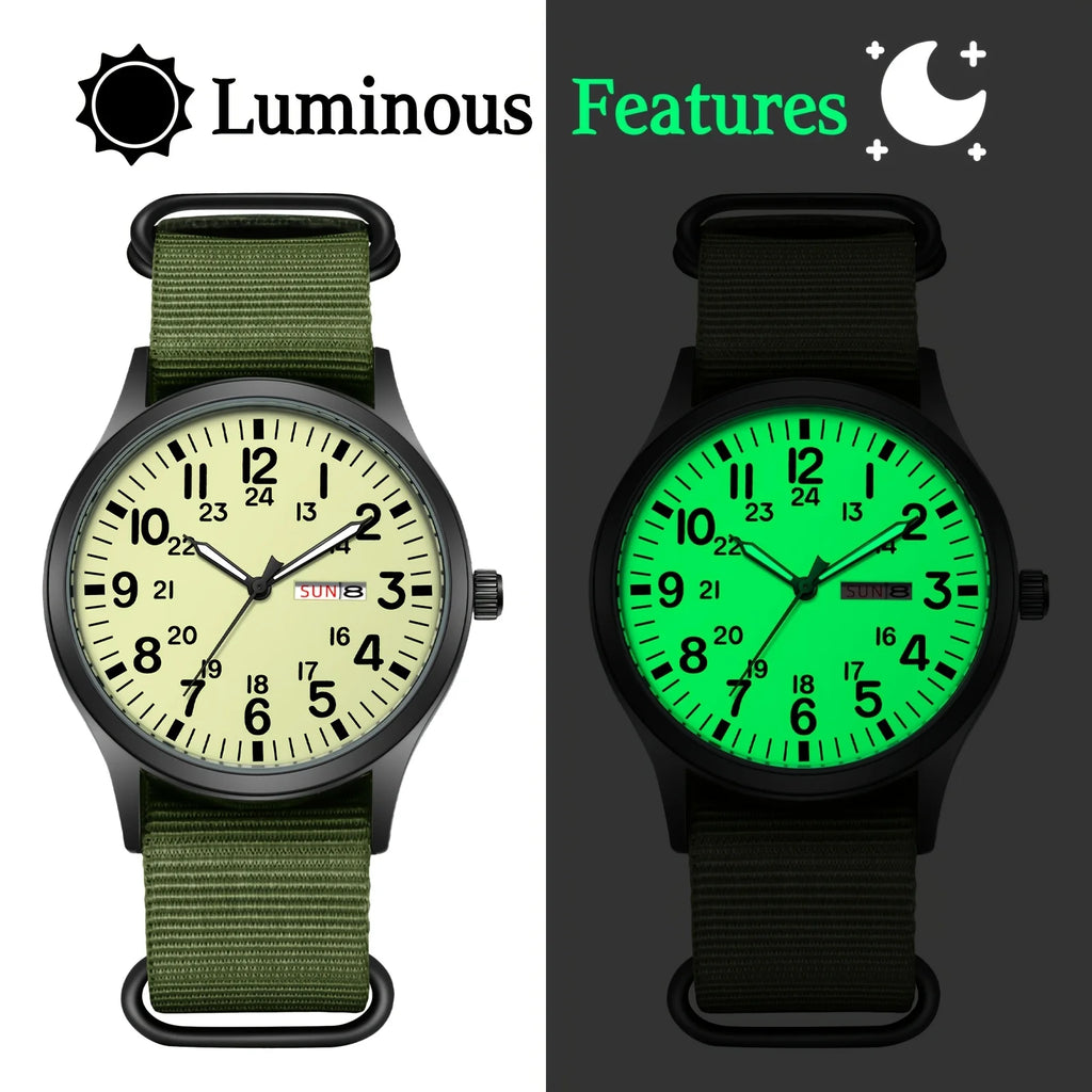 Men'S Outdoor Sports Watch Featuring an Analog Quartz Movement, Round Case, Green Nylon Band, 24-Hour Markings