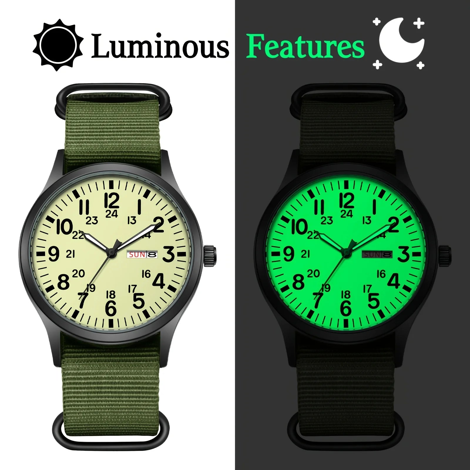 Men'S Outdoor Sports Watch Featuring an Analog Quartz Movement, Round Case, Green Nylon Band, 24-Hour Markings