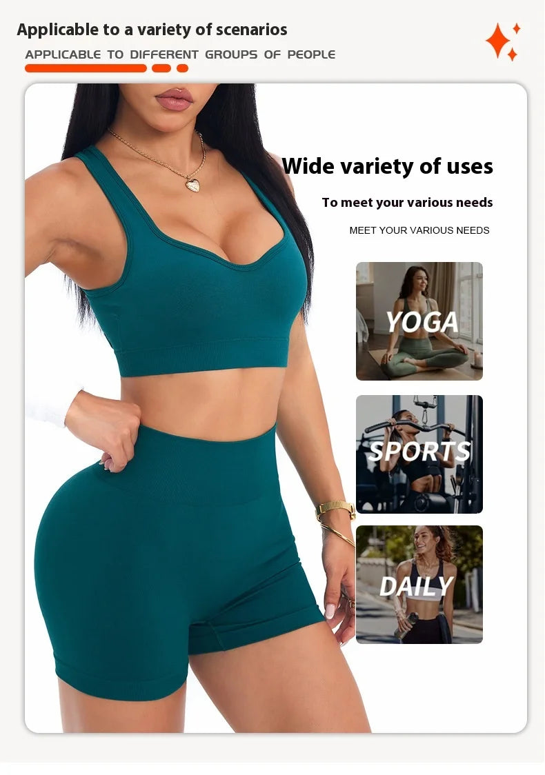 Women's Seamless Yoga Set Cross Strap Sports Bra Peach Butt Fitness Shorts Solid Pattern Printed Sports Apparel for Running Yoga