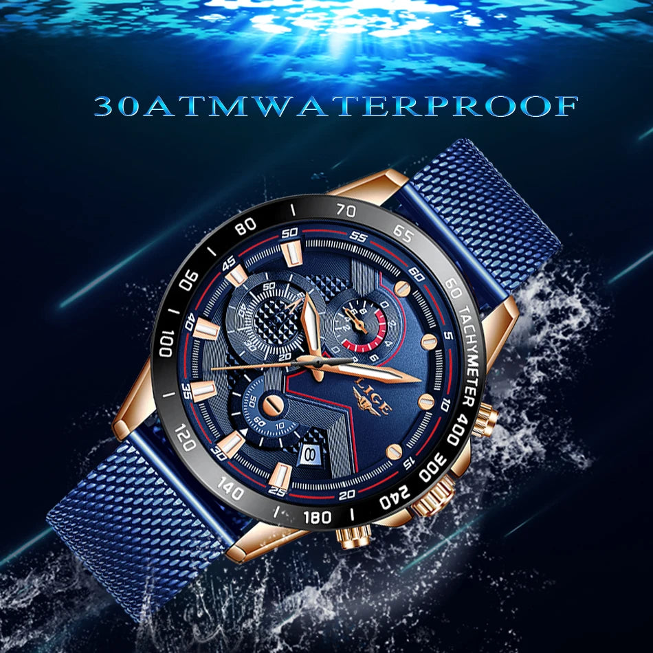 LIGE 9982 New Fashion Watches Relogio Masculino Reloj Montre Stainless Steel Luxury Sports Chronograph Quartz Wristwatch for Men