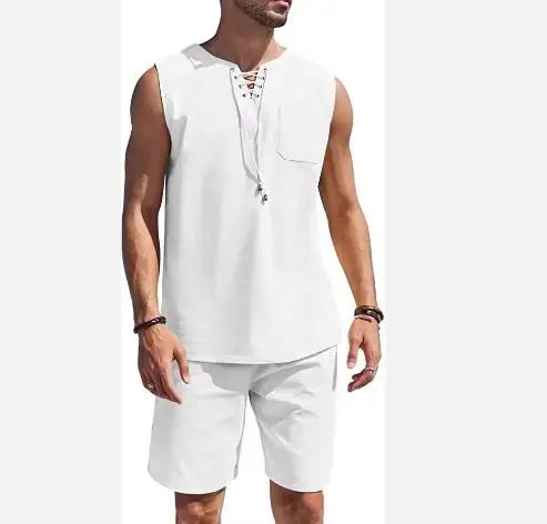 2023 Men's Summer Cotton and Linen Vest Suit New Casual Sports T-Shirt with Solid Pattern