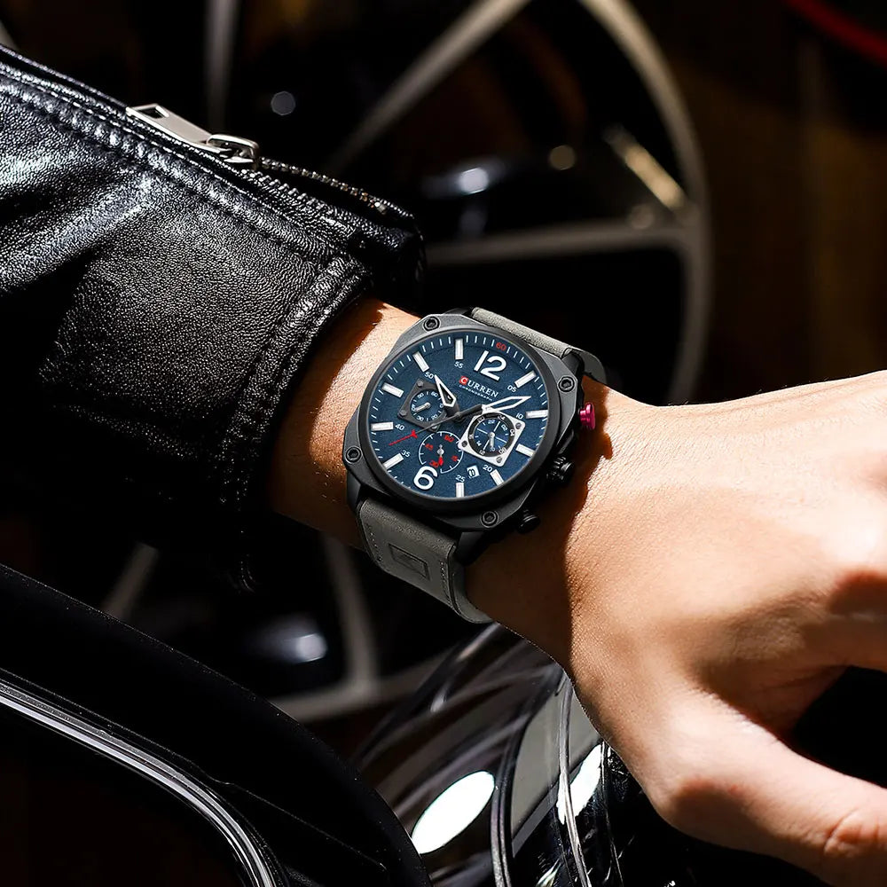 CURREN 8398 Square 45mm Dial Design Men Watches Leather Chronograph Casual Sports Watch Waterproof Luminous Man Calendar Clock