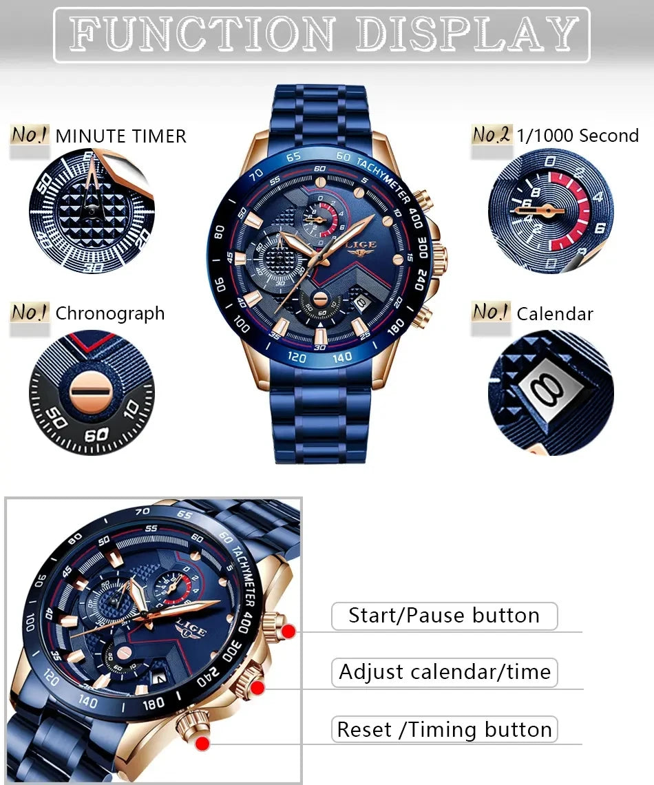 LIGE 9982 New Fashion Watches Relogio Masculino Reloj Montre Stainless Steel Luxury Sports Chronograph Quartz Wristwatch for Men