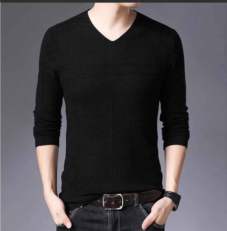 BROWON 2025 New Mens Clothes Spring Autumn Solid Color Casual V-Neck Sweaters Korean Fashion Slim Fit Long-Sleeved Sweater Men