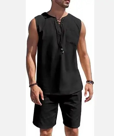 2023 Men's Summer Cotton and Linen Vest Suit New Casual Sports T-Shirt with Solid Pattern