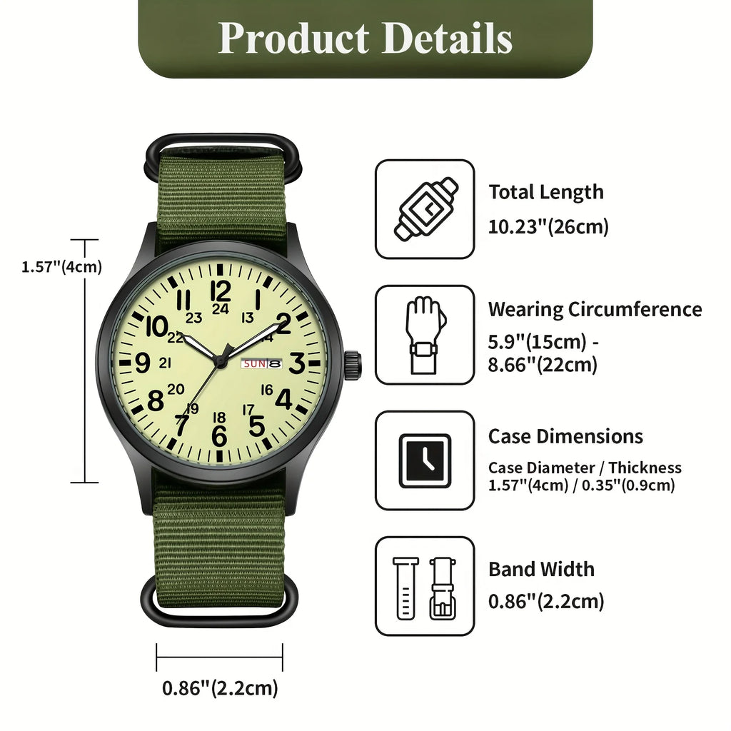 Men'S Outdoor Sports Watch Featuring an Analog Quartz Movement, Round Case, Green Nylon Band, 24-Hour Markings