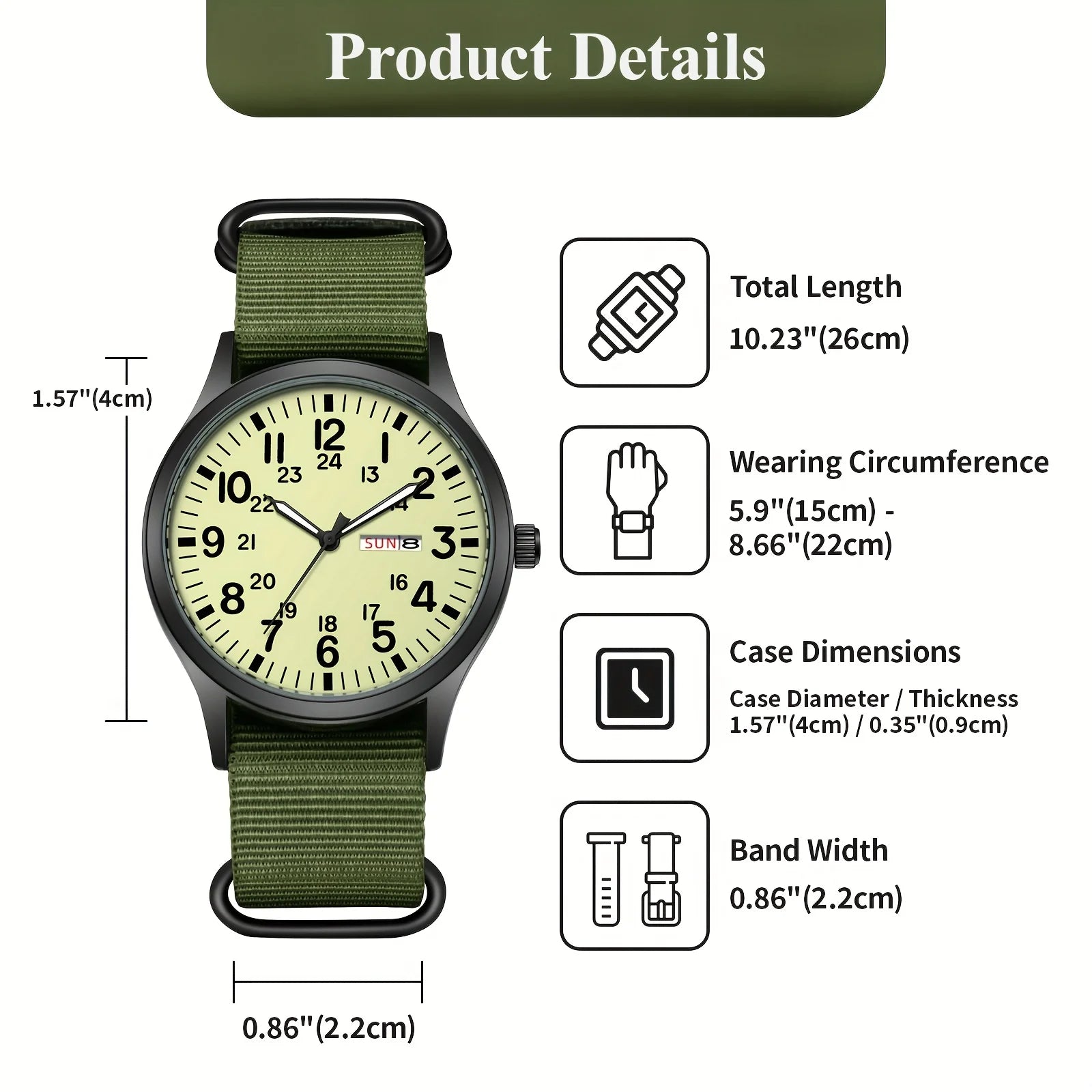 Men'S Outdoor Sports Watch Featuring an Analog Quartz Movement, Round Case, Green Nylon Band, 24-Hour Markings