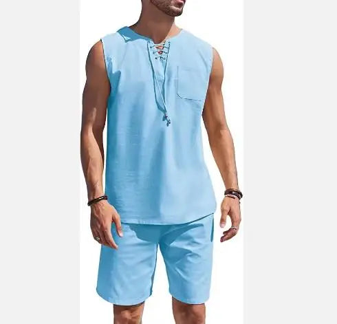 2023 Men's Summer Cotton and Linen Vest Suit New Casual Sports T-Shirt with Solid Pattern