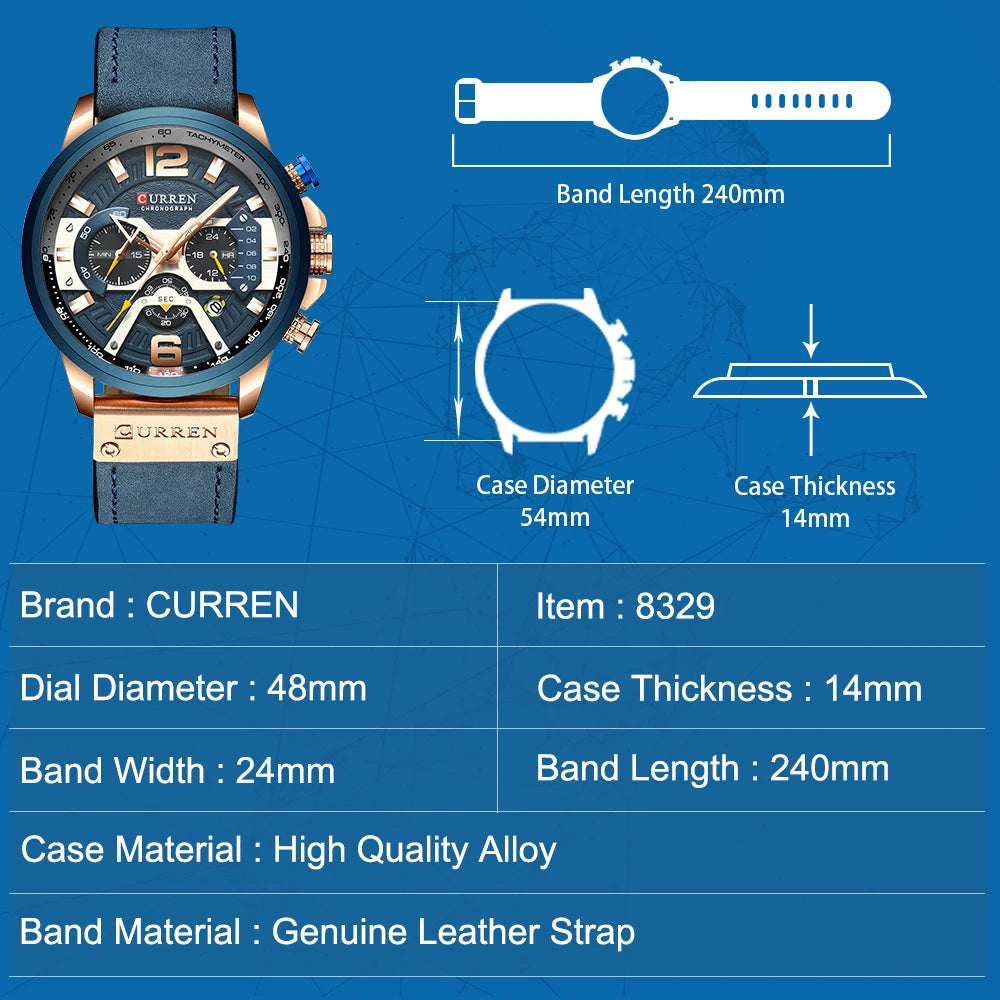 CURREN Mens Watches 8329 Top Brand Luxury Leather Sports Watch Men Quartz Fashion Chronograph Man Clock Waterproof Relogio