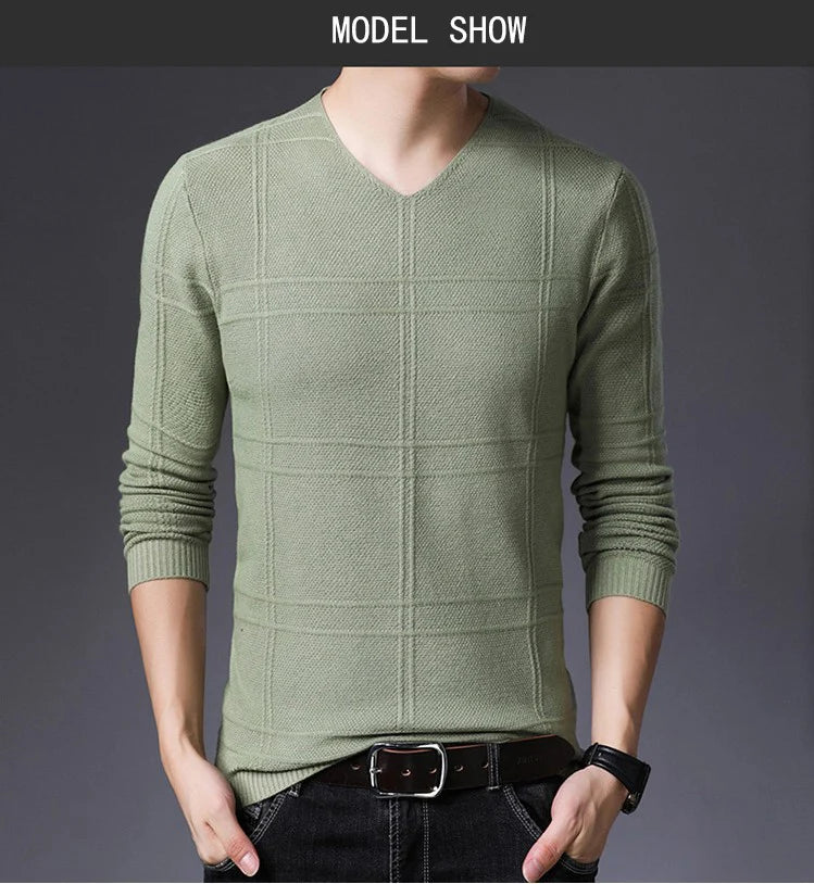 BROWON 2025 New Mens Clothes Spring Autumn Solid Color Casual V-Neck Sweaters Korean Fashion Slim Fit Long-Sleeved Sweater Men