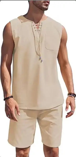 2023 Men's Summer Cotton and Linen Vest Suit New Casual Sports T-Shirt with Solid Pattern
