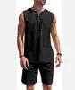 2023 Men's Summer Cotton and Linen Vest Suit New Casual Sports T-Shirt with Solid Pattern