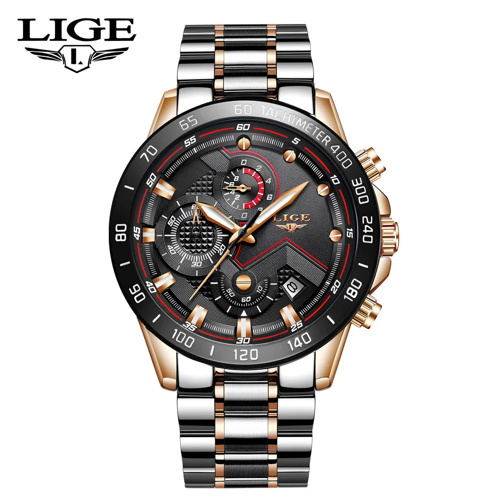 LIGE 9982 New Fashion Watches Relogio Masculino Reloj Montre Stainless Steel Luxury Sports Chronograph Quartz Wristwatch for Men