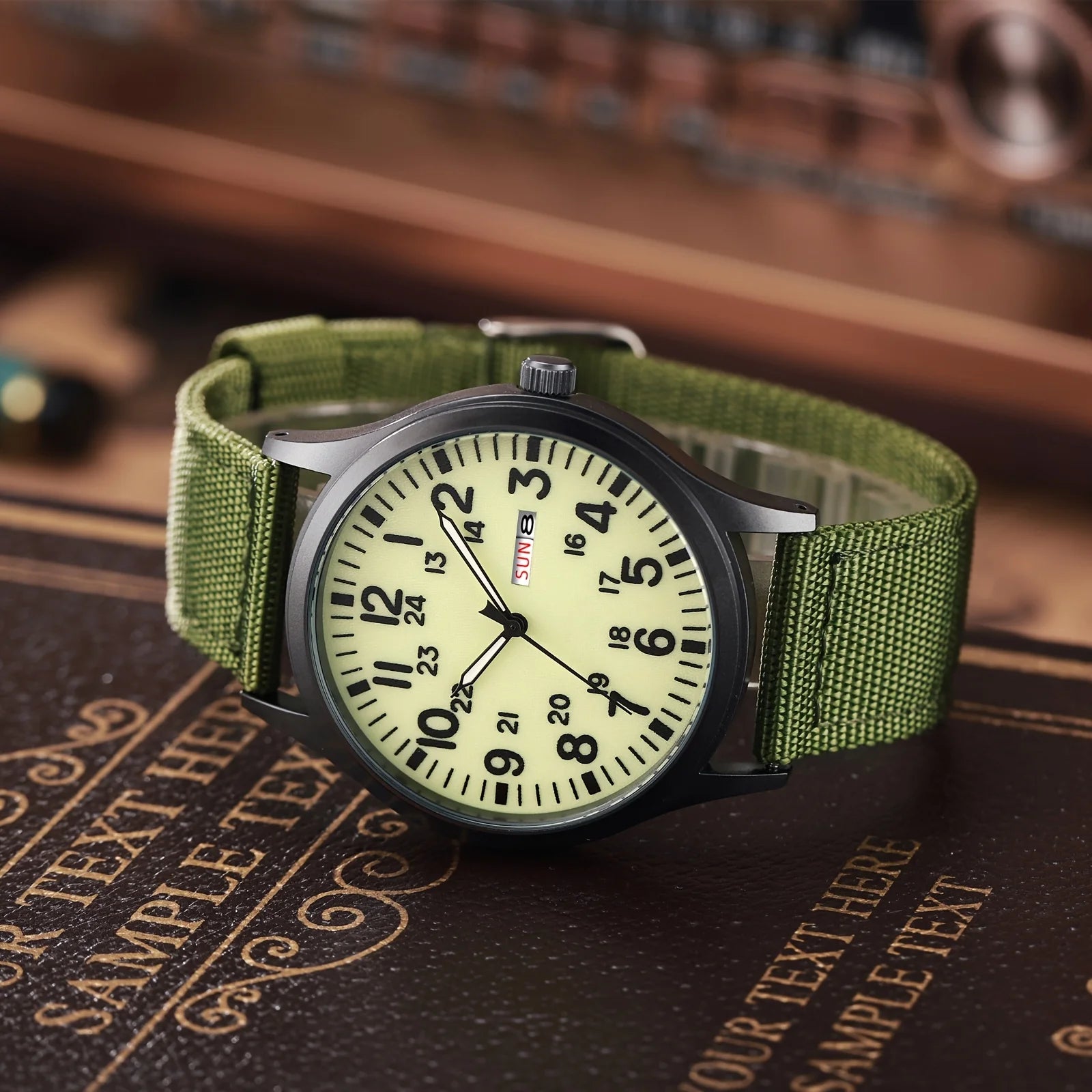Men'S Outdoor Sports Watch Featuring an Analog Quartz Movement, Round Case, Green Nylon Band, 24-Hour Markings