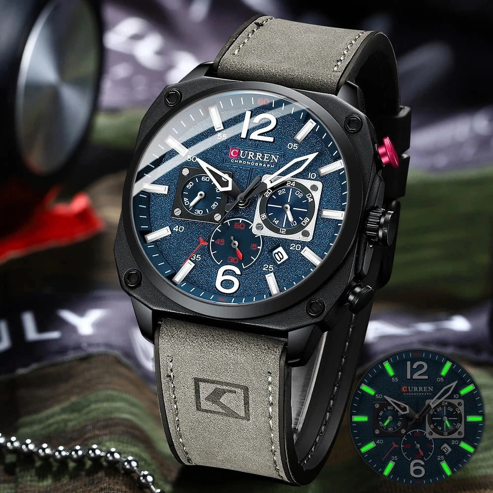 CURREN 8398 Square 45mm Dial Design Men Watches Leather Chronograph Casual Sports Watch Waterproof Luminous Man Calendar Clock