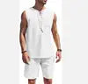 2023 Men's Summer Cotton and Linen Vest Suit New Casual Sports T-Shirt with Solid Pattern