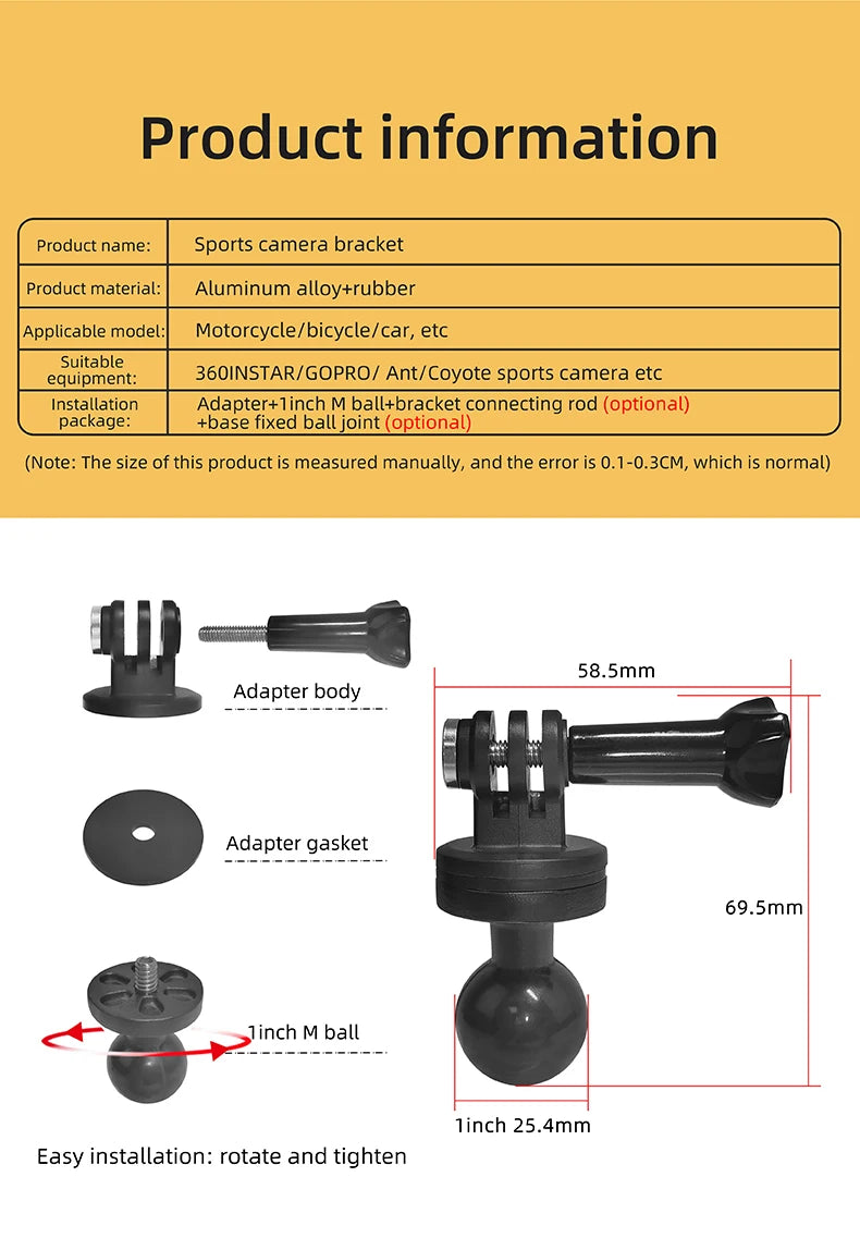 Motorcycle Sports Camera Holder Handlebar Tube Mount with Aluminum Alloy 15cm Double Socket Arm Camera Bracket Ball Adapter