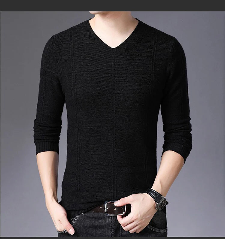 BROWON 2025 New Mens Clothes Spring Autumn Solid Color Casual V-Neck Sweaters Korean Fashion Slim Fit Long-Sleeved Sweater Men