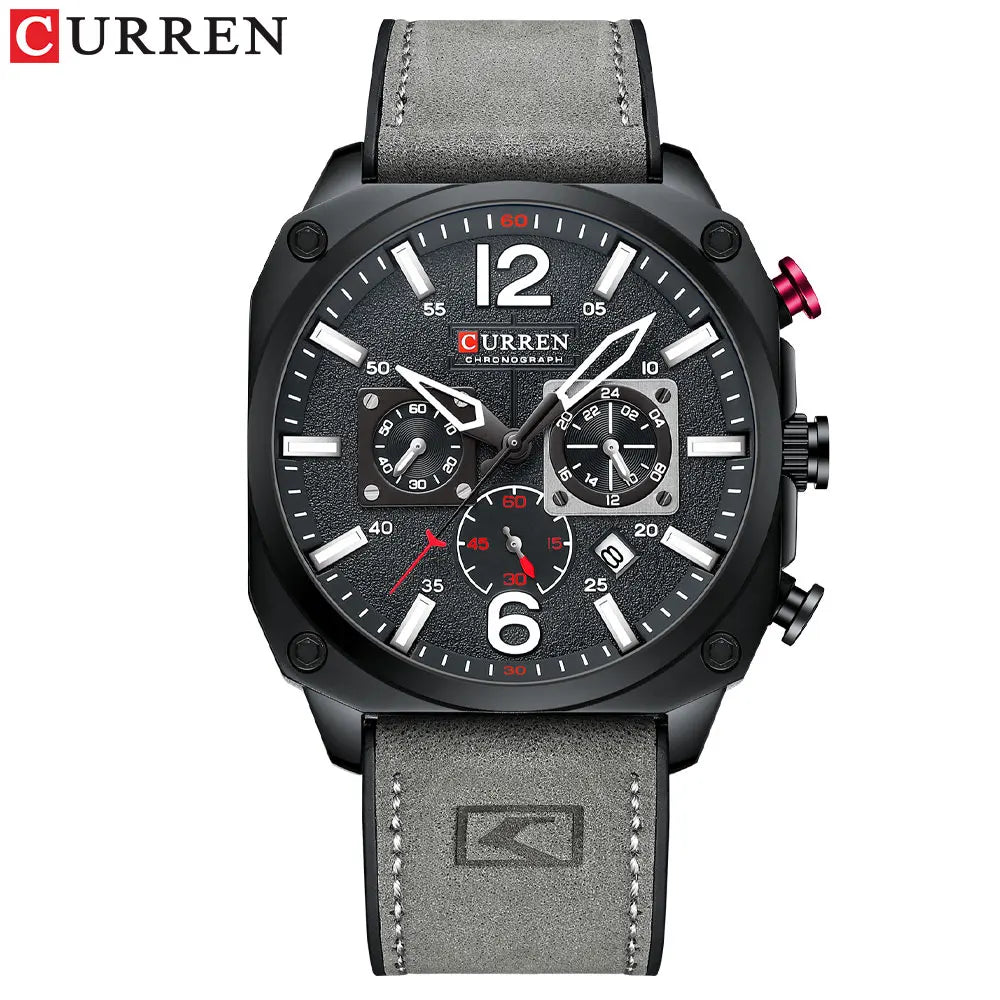 CURREN 8398 Square 45mm Dial Design Men Watches Leather Chronograph Casual Sports Watch Waterproof Luminous Man Calendar Clock