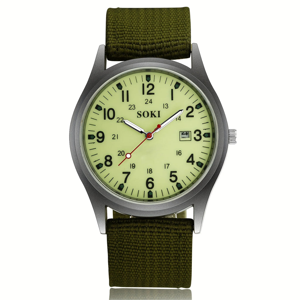Men'S Outdoor Sports Watch Featuring an Analog Quartz Movement, Round Case, Green Nylon Band, 24-Hour Markings