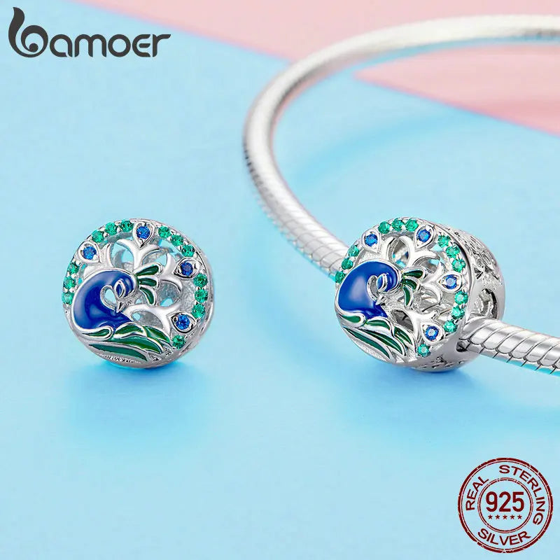 BAMOER Spring Collection 925 Sterling Silver Beautiful Peafowl Colorful CZ Beads fit Charm Bracelets Bangles DIY Jewelry BSC037