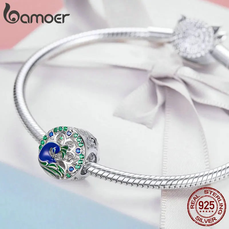 BAMOER Spring Collection 925 Sterling Silver Beautiful Peafowl Colorful CZ Beads fit Charm Bracelets Bangles DIY Jewelry BSC037