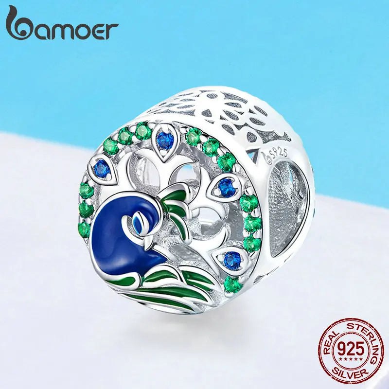 BAMOER Spring Collection 925 Sterling Silver Beautiful Peafowl Colorful CZ Beads fit Charm Bracelets Bangles DIY Jewelry BSC037