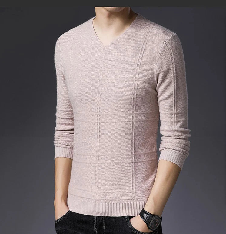 BROWON 2025 New Mens Clothes Spring Autumn Solid Color Casual V-Neck Sweaters Korean Fashion Slim Fit Long-Sleeved Sweater Men