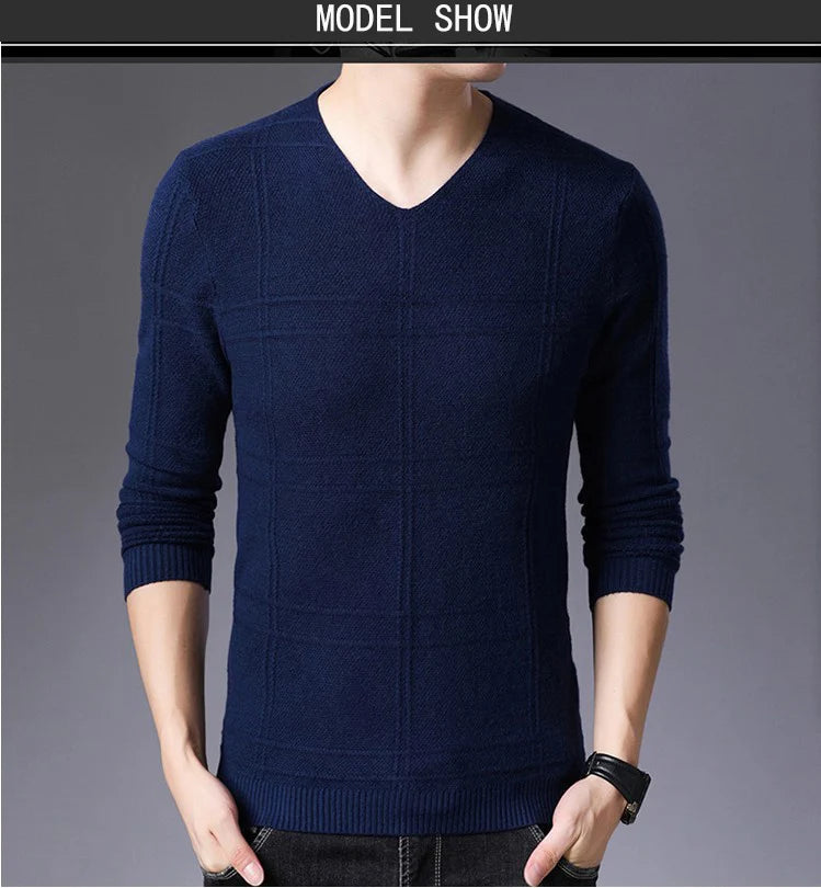 BROWON 2025 New Mens Clothes Spring Autumn Solid Color Casual V-Neck Sweaters Korean Fashion Slim Fit Long-Sleeved Sweater Men