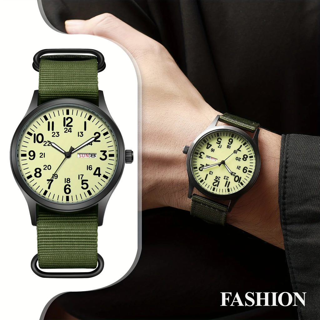 Men'S Outdoor Sports Watch Featuring an Analog Quartz Movement, Round Case, Green Nylon Band, 24-Hour Markings