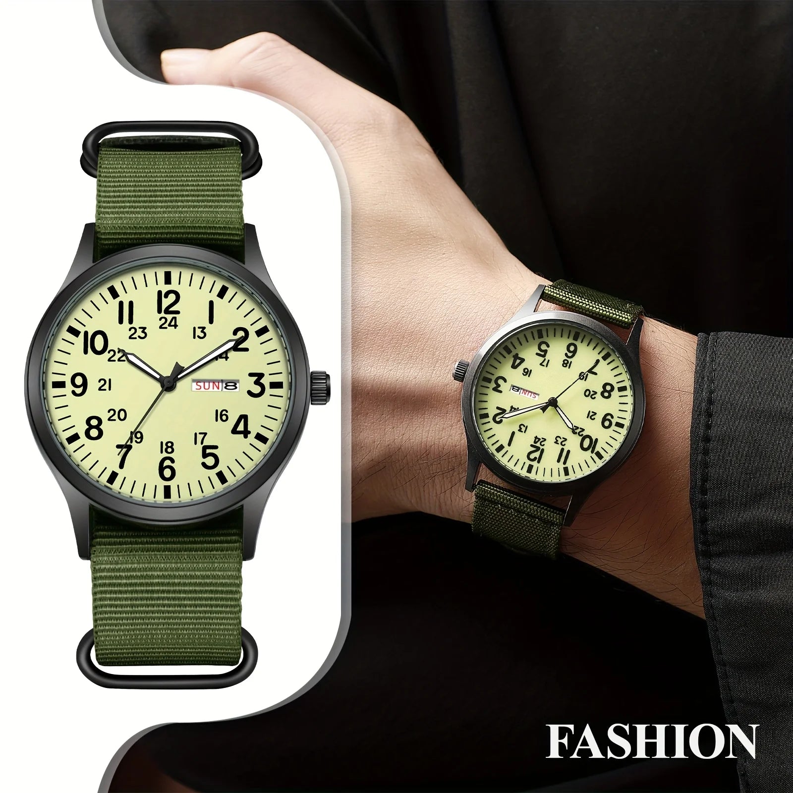 Men'S Outdoor Sports Watch Featuring an Analog Quartz Movement, Round Case, Green Nylon Band, 24-Hour Markings