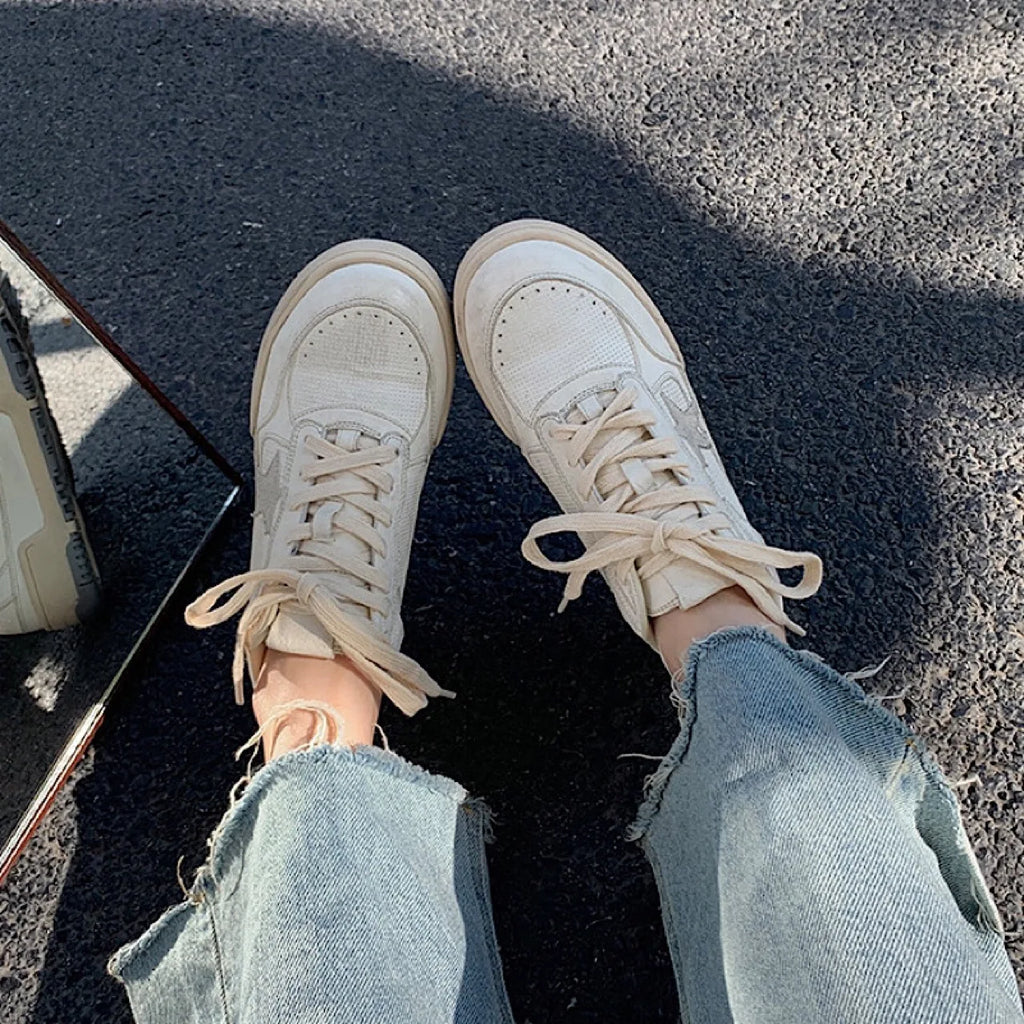 Women's Retro Old Sports Sneakers Cross-border Genuine Leather White Shoes Thick Sole Star Autumn Dirty Sneakers