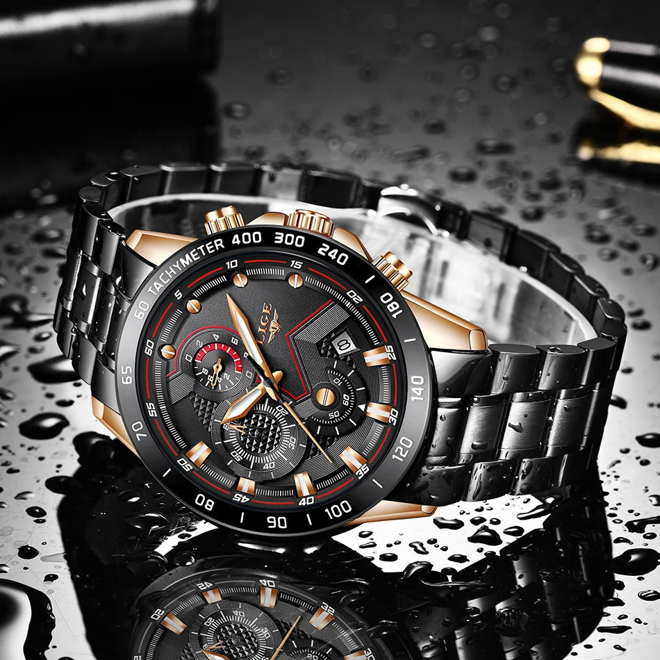 LIGE 9982 New Fashion Watches Relogio Masculino Reloj Montre Stainless Steel Luxury Sports Chronograph Quartz Wristwatch for Men