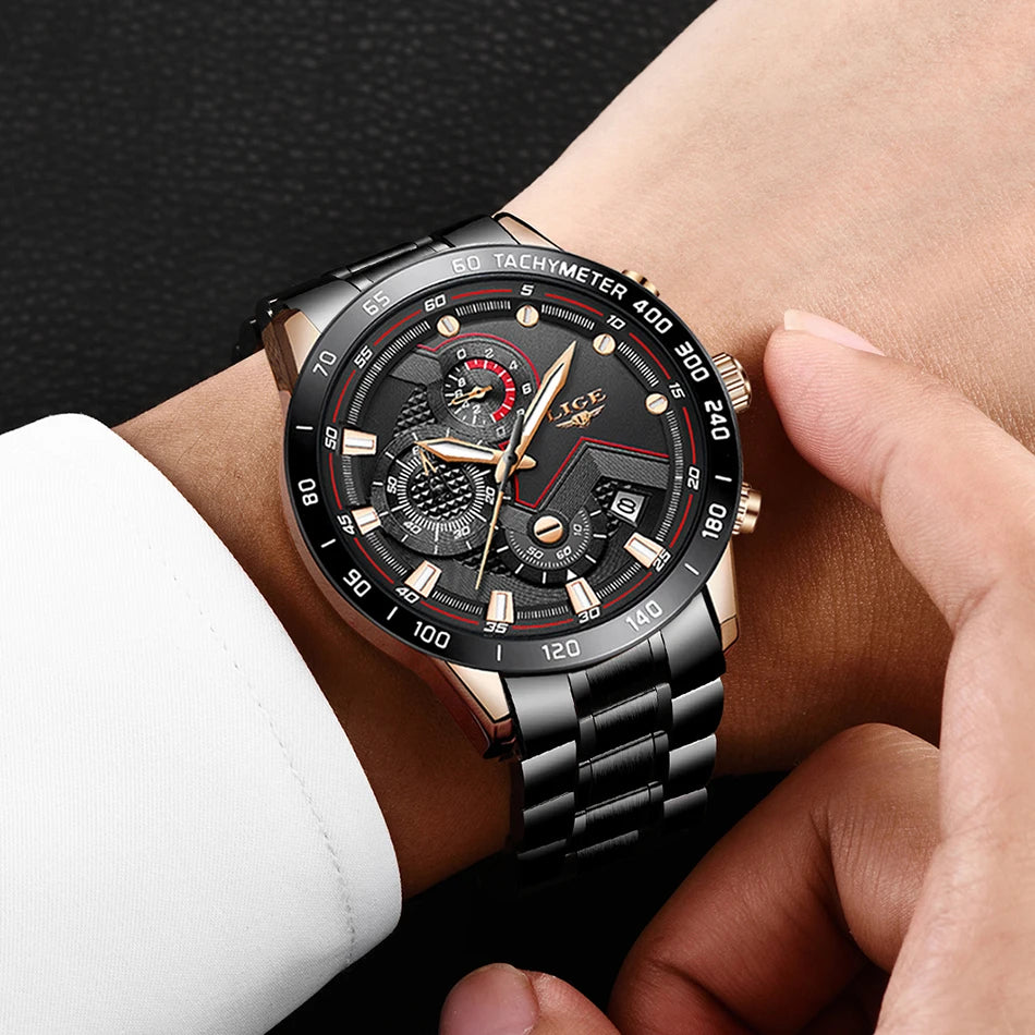 LIGE 9982 New Fashion Watches Relogio Masculino Reloj Montre Stainless Steel Luxury Sports Chronograph Quartz Wristwatch for Men