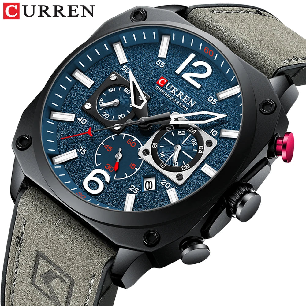 CURREN 8398 Square 45mm Dial Design Men Watches Leather Chronograph Casual Sports Watch Waterproof Luminous Man Calendar Clock