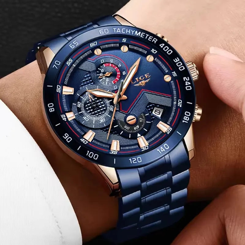LIGE 9982 New Fashion Watches Relogio Masculino Reloj Montre Stainless Steel Luxury Sports Chronograph Quartz Wristwatch for Men