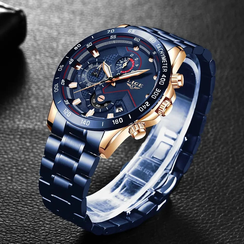 LIGE 9982 New Fashion Watches Relogio Masculino Reloj Montre Stainless Steel Luxury Sports Chronograph Quartz Wristwatch for Men