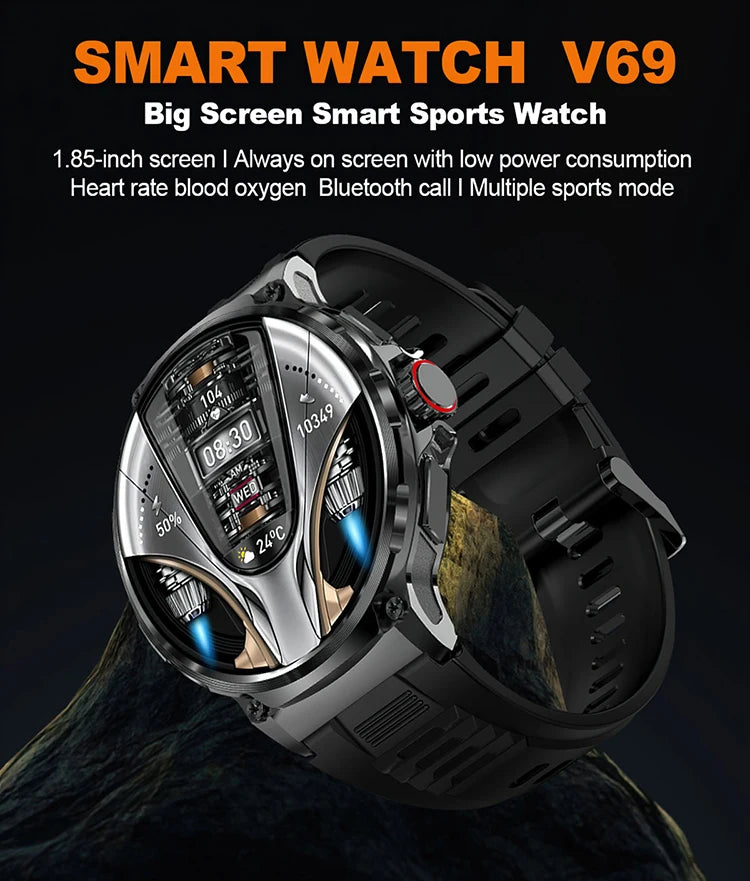 Smart Watch V69 1.85'' HD Large Screen Full Touch 710mAh Big Battery Outdoor Sports Waterproof BT Calling Smartwatch for Men