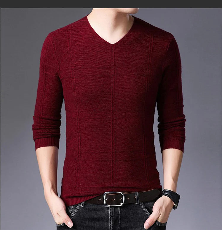 BROWON 2025 New Mens Clothes Spring Autumn Solid Color Casual V-Neck Sweaters Korean Fashion Slim Fit Long-Sleeved Sweater Men