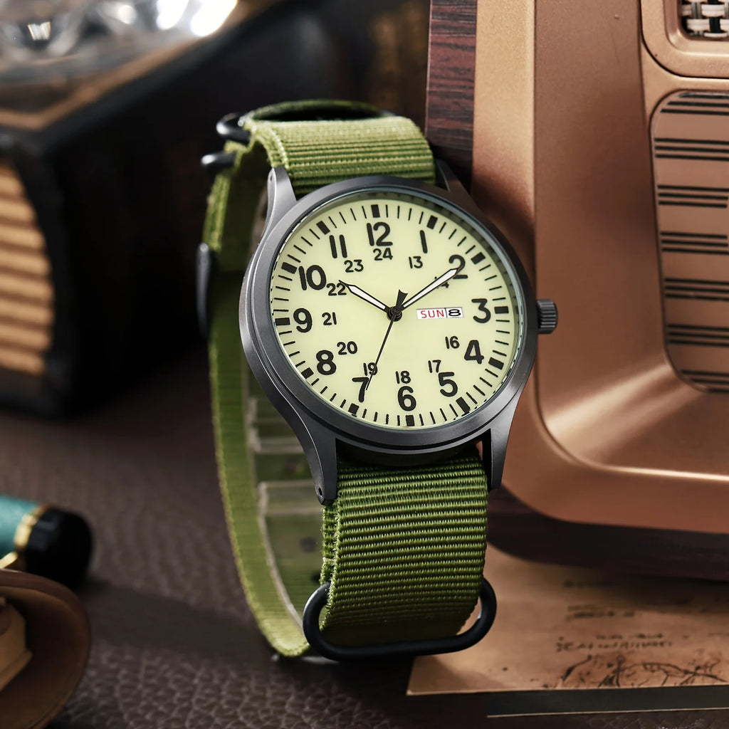 Men'S Outdoor Sports Watch Featuring an Analog Quartz Movement, Round Case, Green Nylon Band, 24-Hour Markings