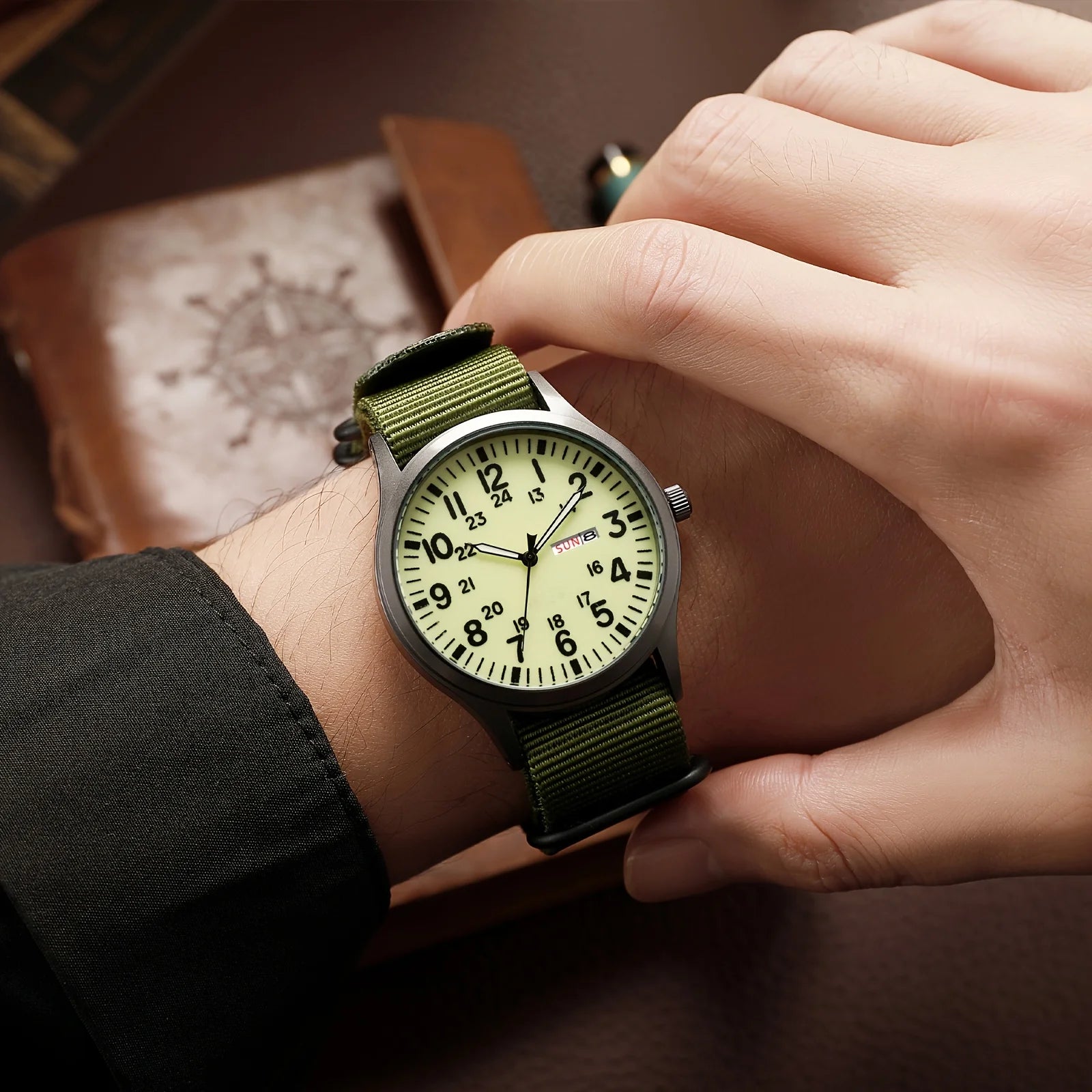 Men'S Outdoor Sports Watch Featuring an Analog Quartz Movement, Round Case, Green Nylon Band, 24-Hour Markings