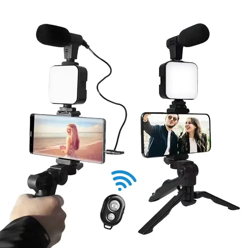 Smartphone Vlogging Kit With Tripod Phone Holder Mini Microphone LED Fill Light Starter For Live Stream Video YouTube