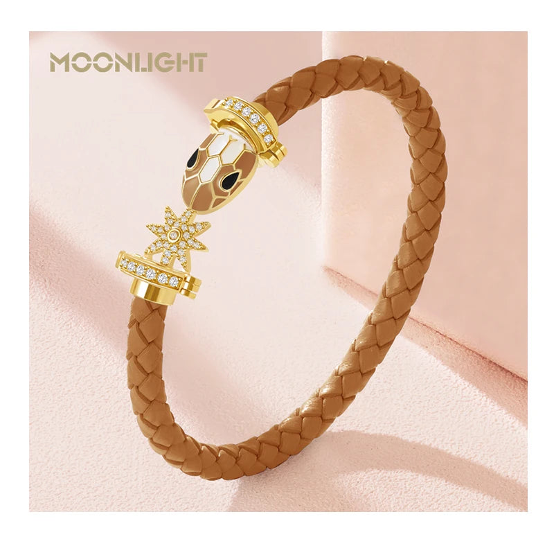 MOONLIGHT Genuine Braided Leather Bracelet for Woman Zircon Eight Pointed Star Classic Snake Head Bracelet Female Jewelry Gifts