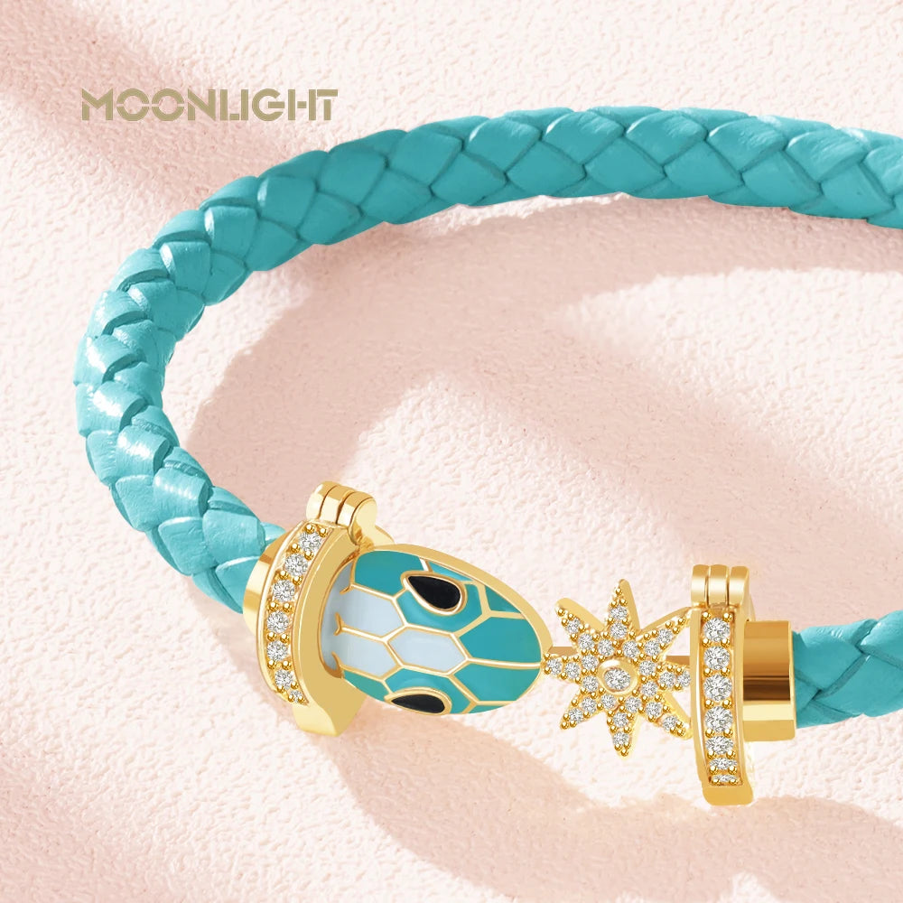 MOONLIGHT Genuine Braided Leather Bracelet for Woman Zircon Eight Pointed Star Classic Snake Head Bracelet Female Jewelry Gifts