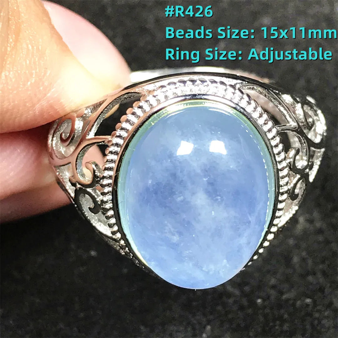 Top Natural Ocean Blue Aquamarine Ring For Male Men Gift Rare Crystal Beads Stone Silver Fashion Adjustable Ring Jewelry AAAAA